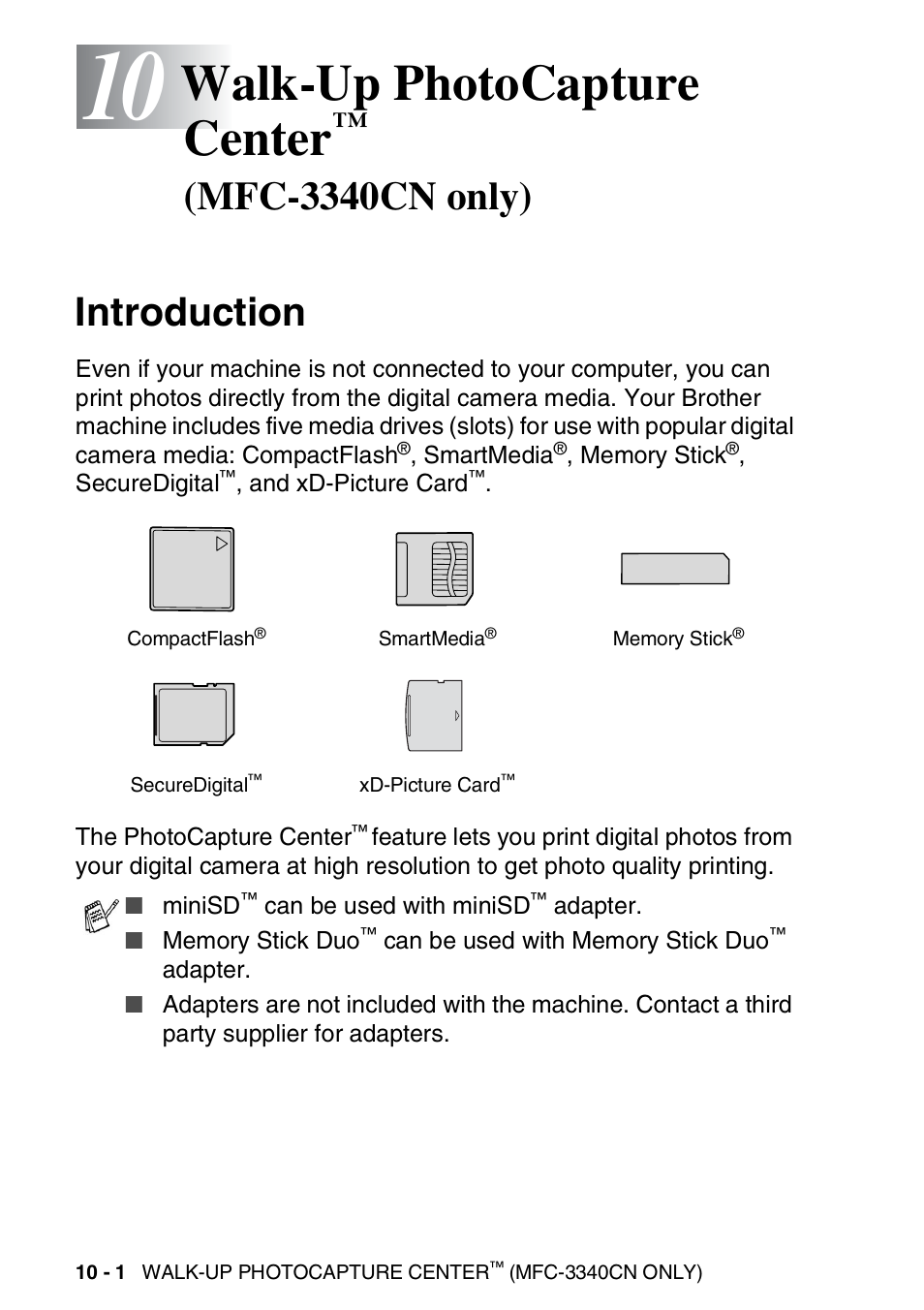 10 walk-up photocapture center™ (mfc-3340cn only), Introduction, Walk-up photocapture center | Mfc-3340cn only) -1, Introduction -1, Mfc-3340cn only) | Brother FAX-1940CN User Manual | Page 123 / 231