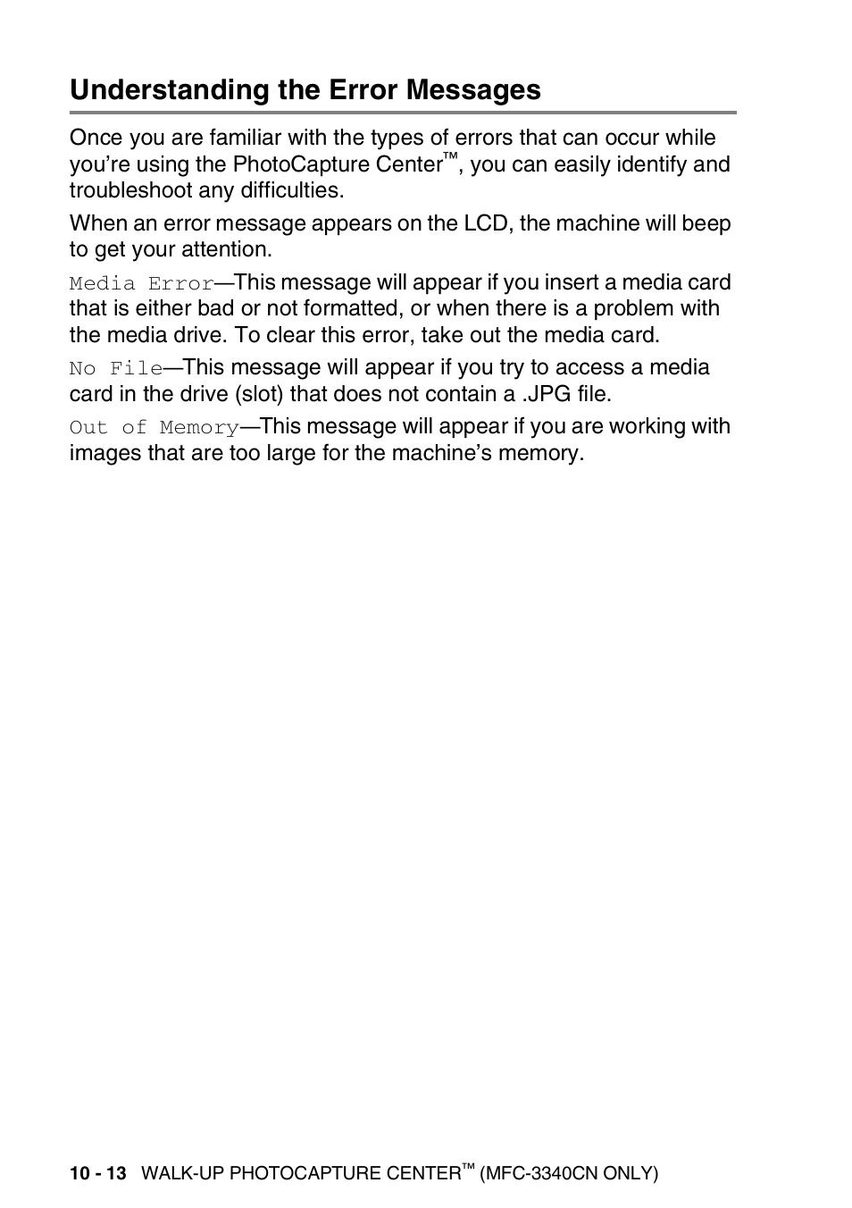 Understanding the error messages, Understanding the error messages -13 | Brother FAX-1940CN User Manual | Page 135 / 231