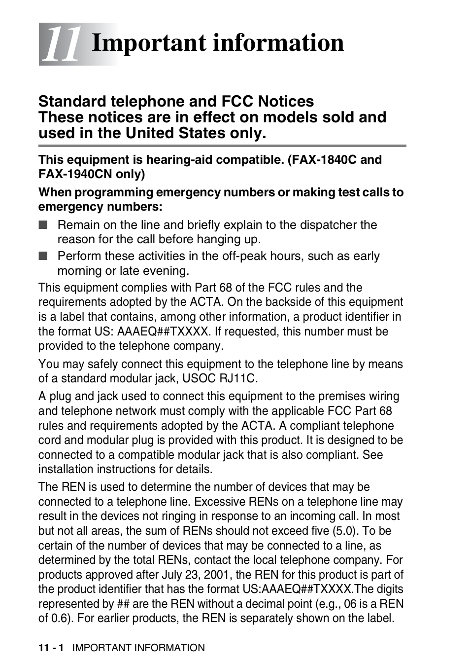 11 important information, Important information -1, Standard telephone and fcc notices | Important information | Brother FAX-1940CN User Manual | Page 137 / 231