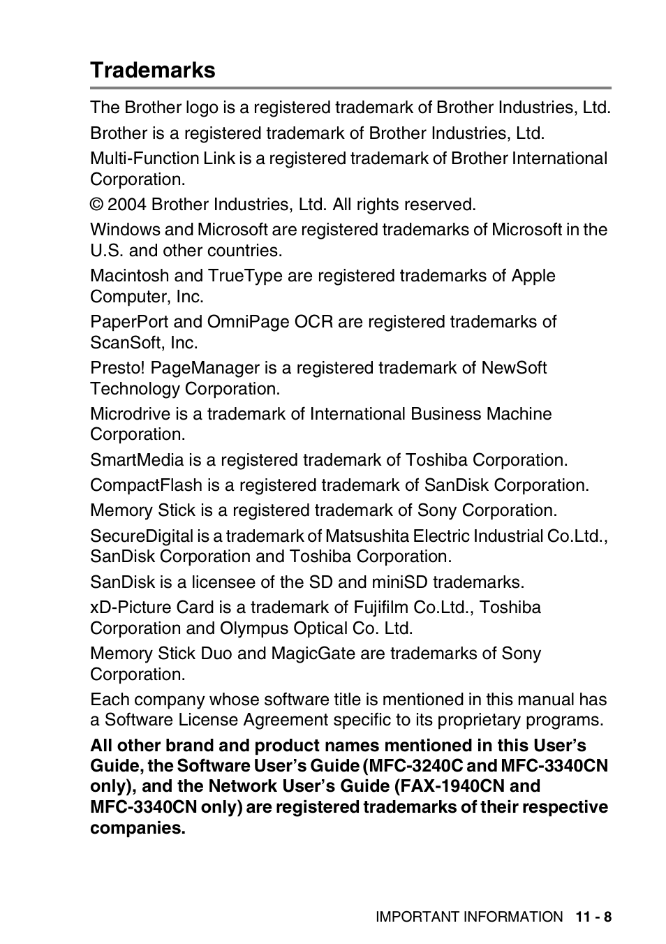 Trademarks, Trademarks -8 | Brother FAX-1940CN User Manual | Page 144 / 231