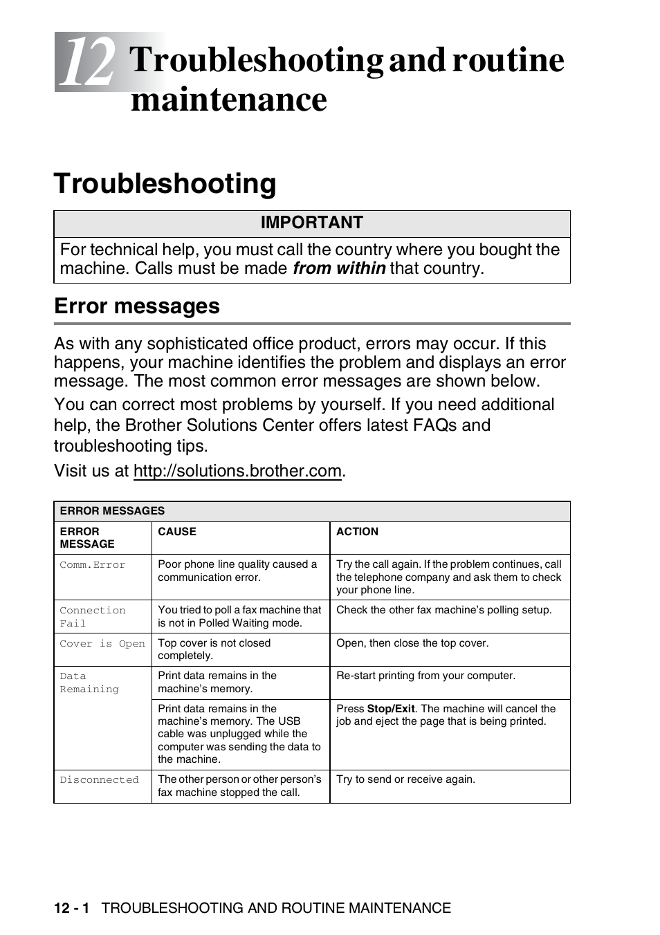 12 troubleshooting and routine maintenance, Troubleshooting, Error messages | Troubleshooting and routine maintenance -1, Troubleshooting -1, Error messages -1, Troubleshooting and routine maintenance | Brother FAX-1940CN User Manual | Page 145 / 231