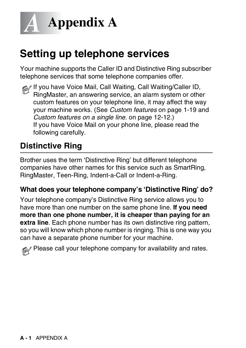 Appendix a, Setting up telephone services, Distinctive ring | What does your telephone company’s | Brother FAX-1940CN User Manual | Page 173 / 231