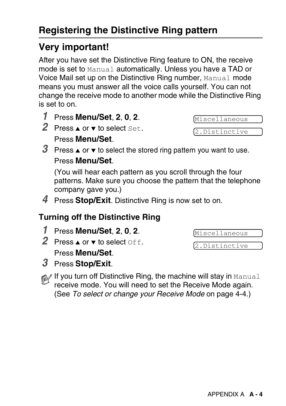 Registering the distinctive ring pattern, Turning off the distinctive ring | Brother FAX-1940CN User Manual | Page 176 / 231