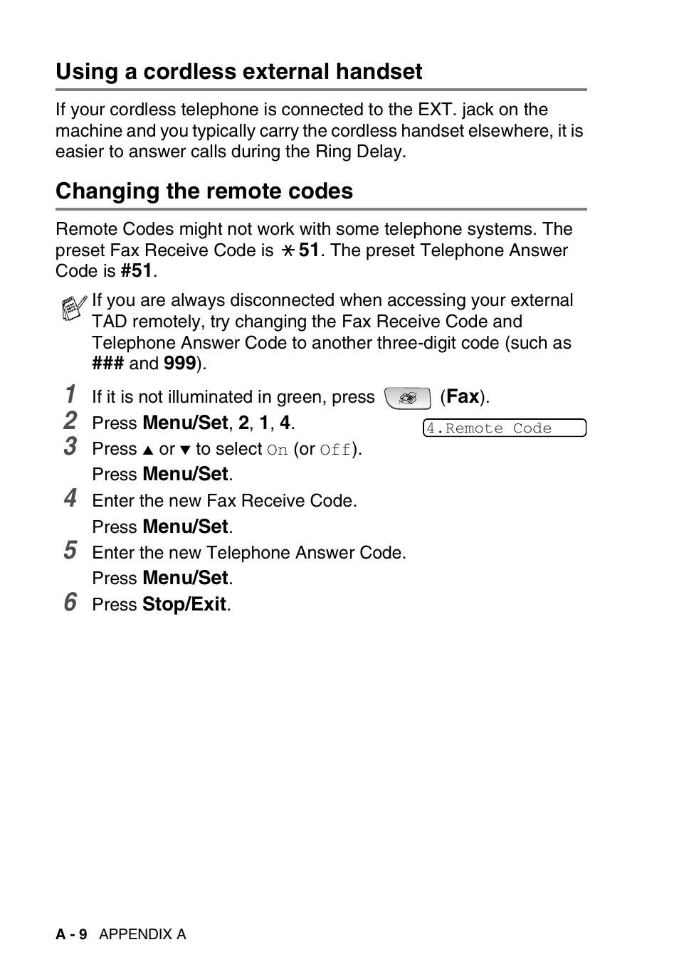 Using a cordless external handset, Changing the remote codes | Brother FAX-1940CN User Manual | Page 181 / 231