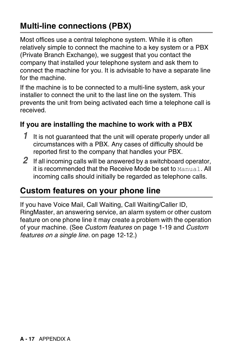 Multi-line connections (pbx), Custom features on your phone line, If you are installing the machine to work | Brother FAX-1940CN User Manual | Page 189 / 231