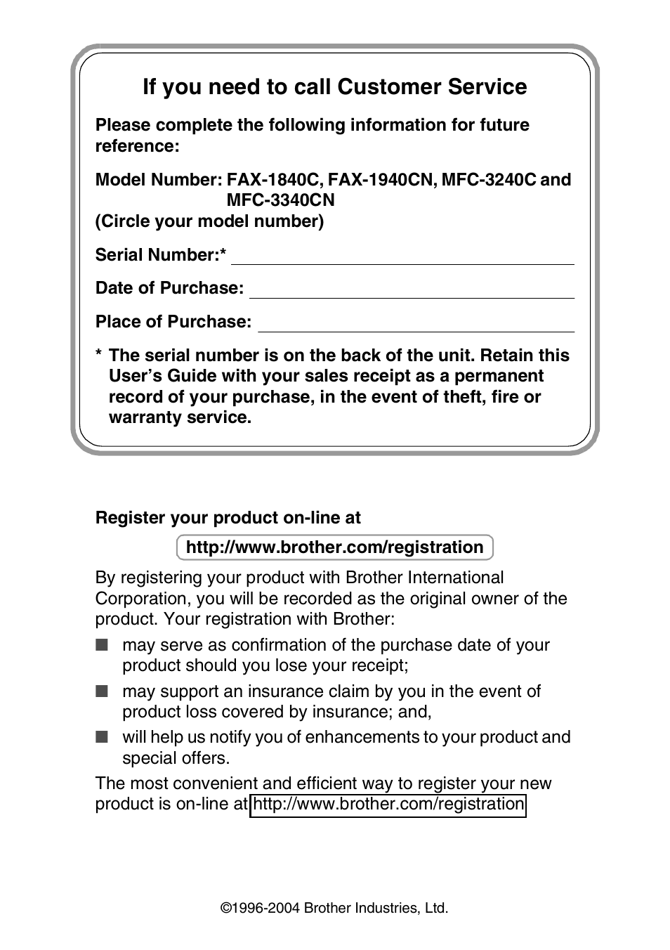 If you need to call customer service | Brother FAX-1940CN User Manual | Page 2 / 231