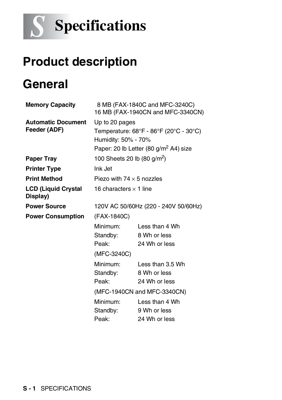 Specifications, Product description, General | Product description general | Brother FAX-1940CN User Manual | Page 209 / 231