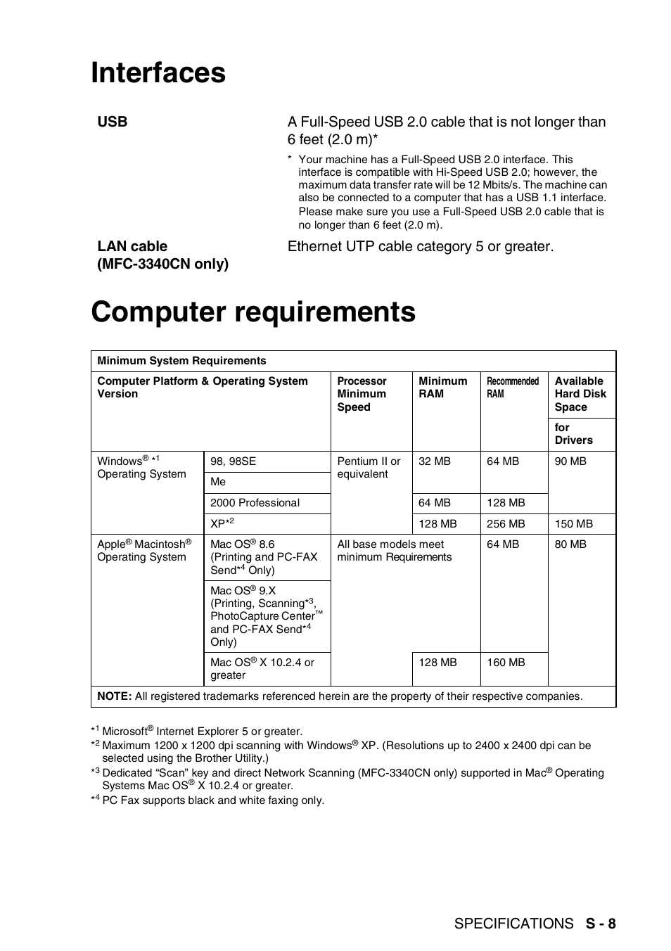 Interfaces, Computer requirements, Interfaces computer requirements | Specifications s - 8 | Brother FAX-1940CN User Manual | Page 216 / 231