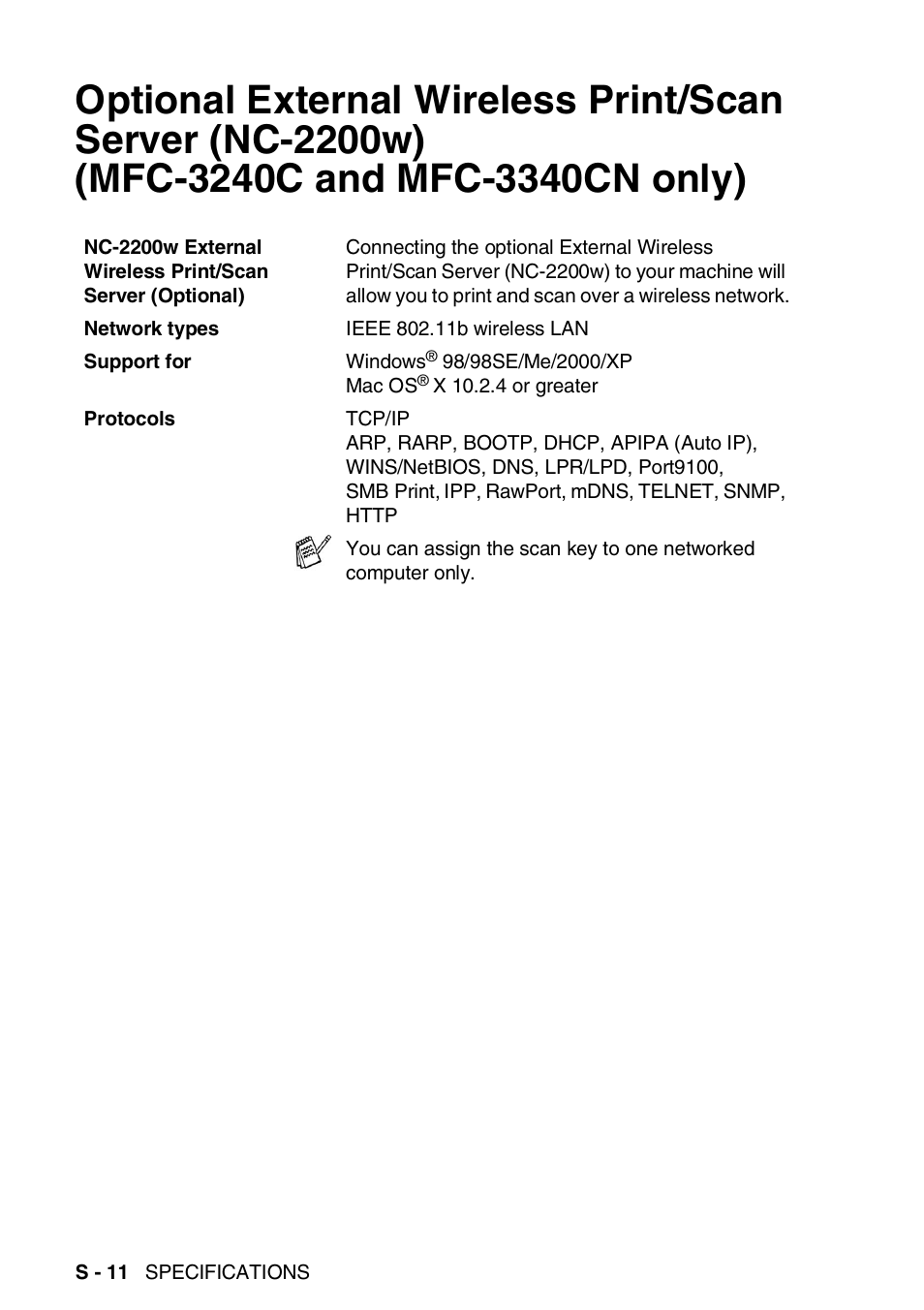 Optional external wireless print/scan server, Nc-2200w) (mfc-3240c and mfc-3340cn only).... s-11 | Brother FAX-1940CN User Manual | Page 219 / 231