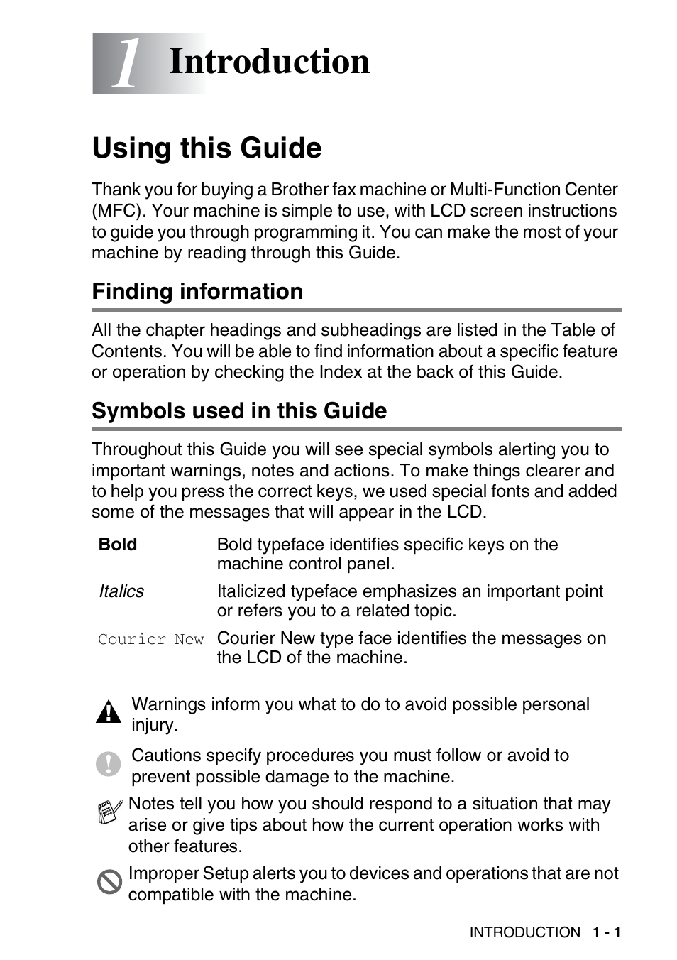 1 introduction, Using this guide, Finding information | Symbols used in this guide, Introduction -1, Using this guide -1, Introduction | Brother FAX-1940CN User Manual | Page 22 / 231