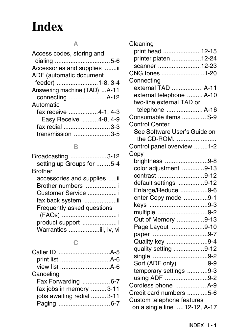 Index | Brother FAX-1940CN User Manual | Page 220 / 231