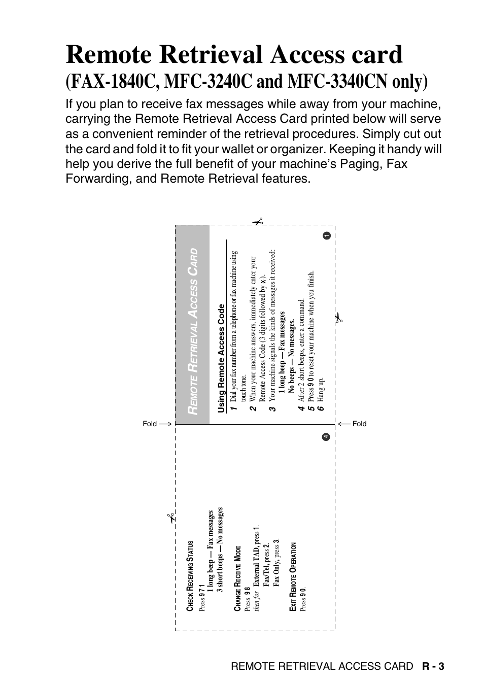 Remote retrieval access card, Fax-1840c, mfc-3240c and mfc-3340cn only) | Brother FAX-1940CN User Manual | Page 228 / 231