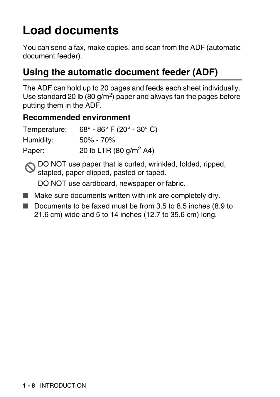 Load documents, Using the automatic document feeder (adf), Recommended environment | Load documents -8, Using the automatic document feeder (adf) -8, Recommended environment -8 | Brother FAX-1940CN User Manual | Page 29 / 231