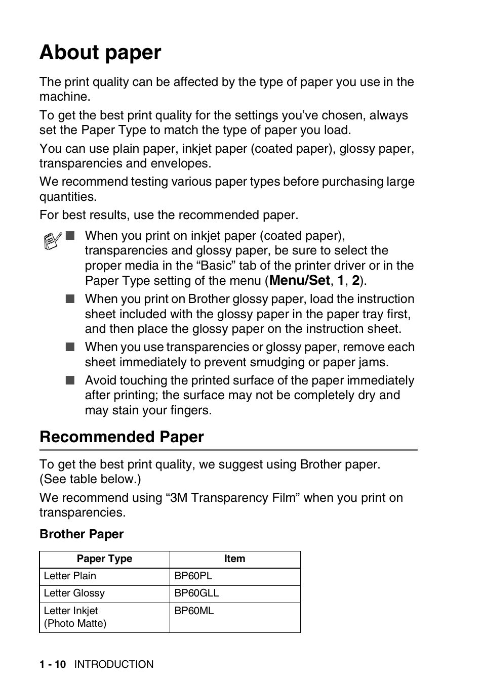 About paper, Recommended paper, About paper -10 | Recommended paper -10 | Brother FAX-1940CN User Manual | Page 31 / 231