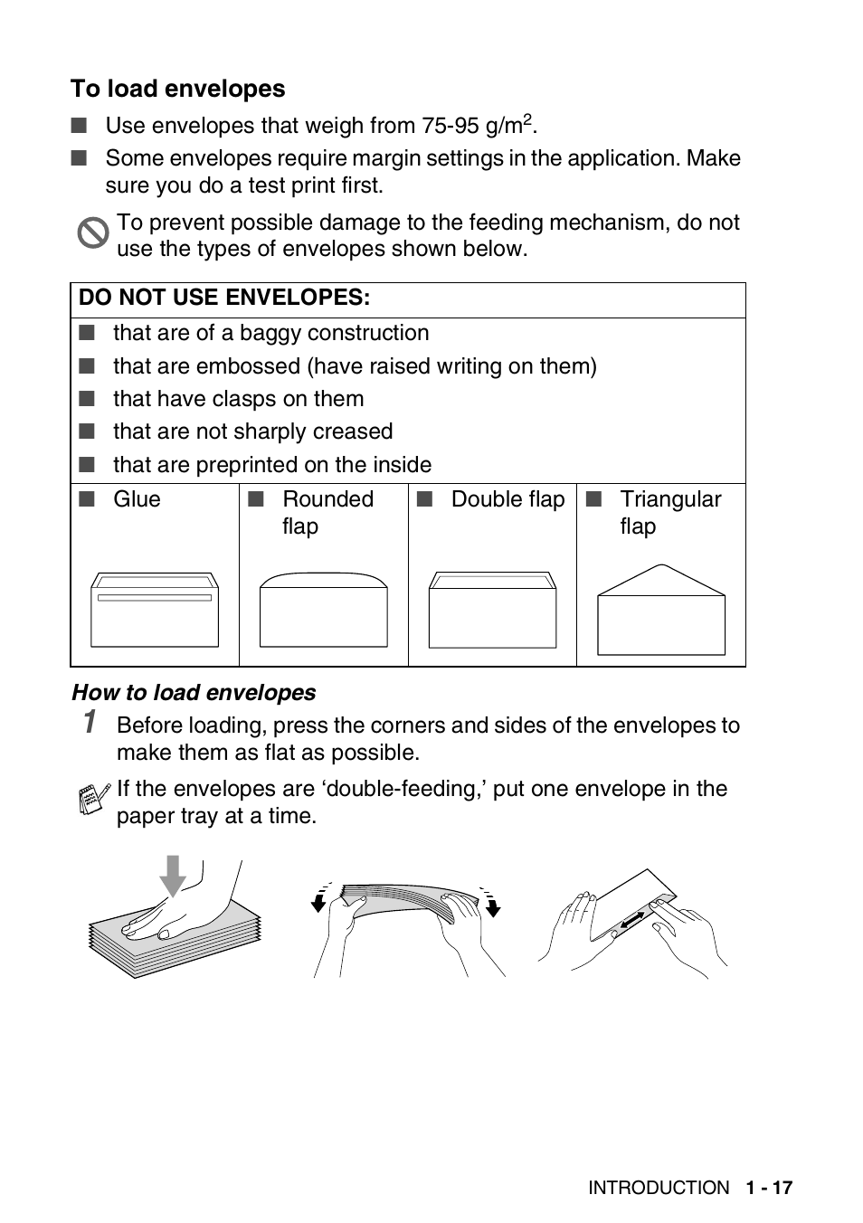 To load envelopes, To load envelopes -17 | Brother FAX-1940CN User Manual | Page 38 / 231