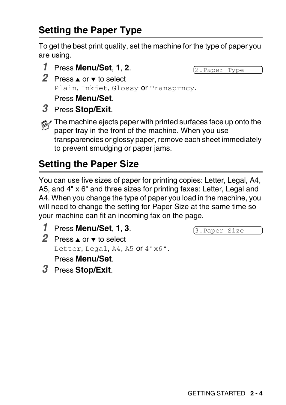 Setting the paper type, Setting the paper size | Brother FAX-1940CN User Manual | Page 46 / 231