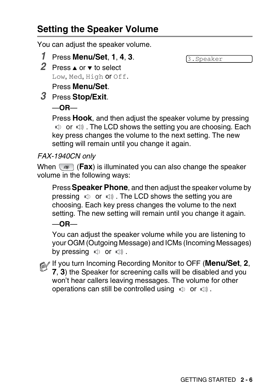 Setting the speaker volume, Setting the speaker volume -6 | Brother FAX-1940CN User Manual | Page 48 / 231