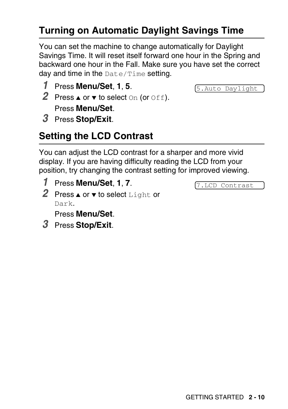 Turning on automatic daylight savings time, Setting the lcd contrast | Brother FAX-1940CN User Manual | Page 52 / 231