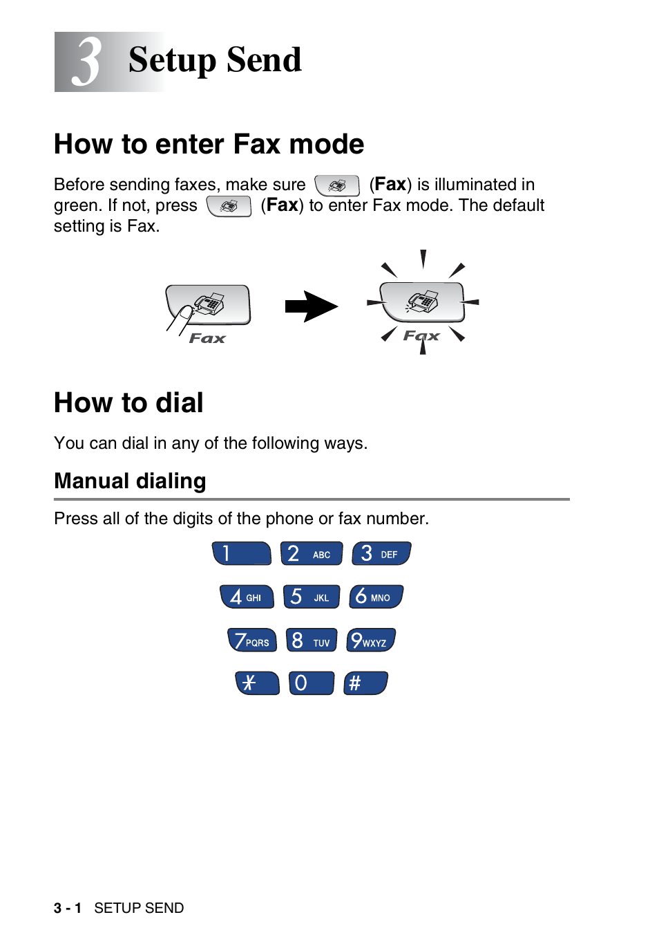 3 setup send, How to enter fax mode, How to dial | Manual dialing, Setup send -1, How to enter fax mode -1 how to dial -1, Manual dialing -1, Setup send | Brother FAX-1940CN User Manual | Page 53 / 231