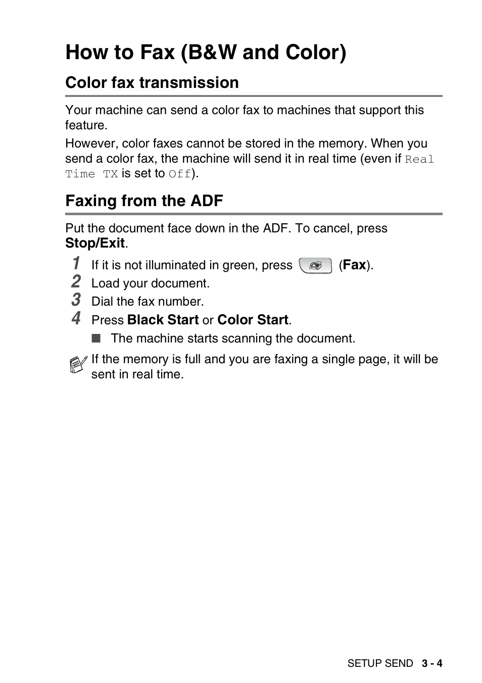 How to fax (b&w and color), Color fax transmission, Faxing from the adf | How to fax (b&w and color) -4, Color fax transmission -4 faxing from the adf -4 | Brother FAX-1940CN User Manual | Page 56 / 231