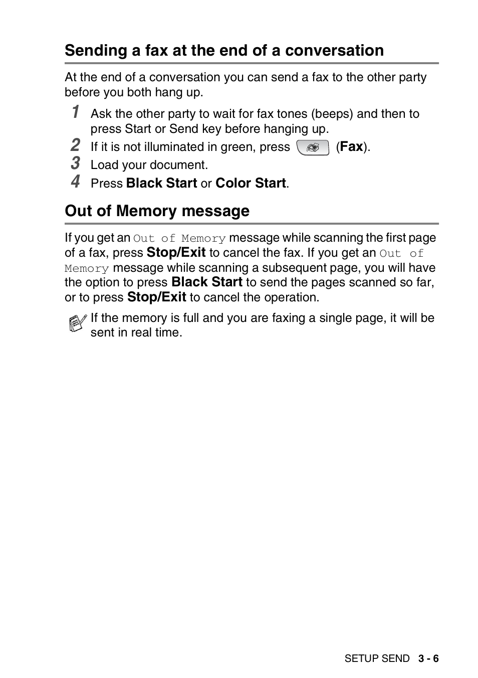 Sending a fax at the end of a conversation, Out of memory message | Brother FAX-1940CN User Manual | Page 58 / 231