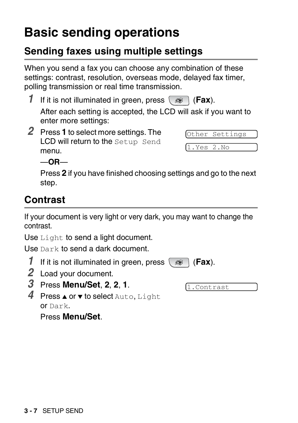 Basic sending operations, Sending faxes using multiple settings, Contrast | Basic sending operations -7 | Brother FAX-1940CN User Manual | Page 59 / 231