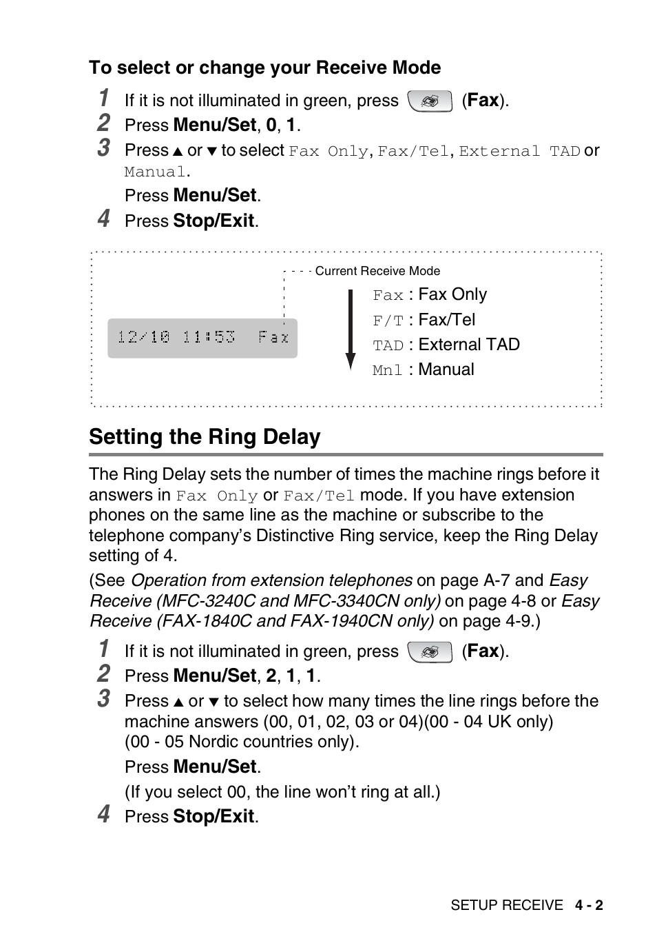 To select or change your receive mode, Setting the ring delay, To select or change your receive mode -2 | Setting the ring delay -2 | Brother FAX-1940CN User Manual | Page 70 / 231