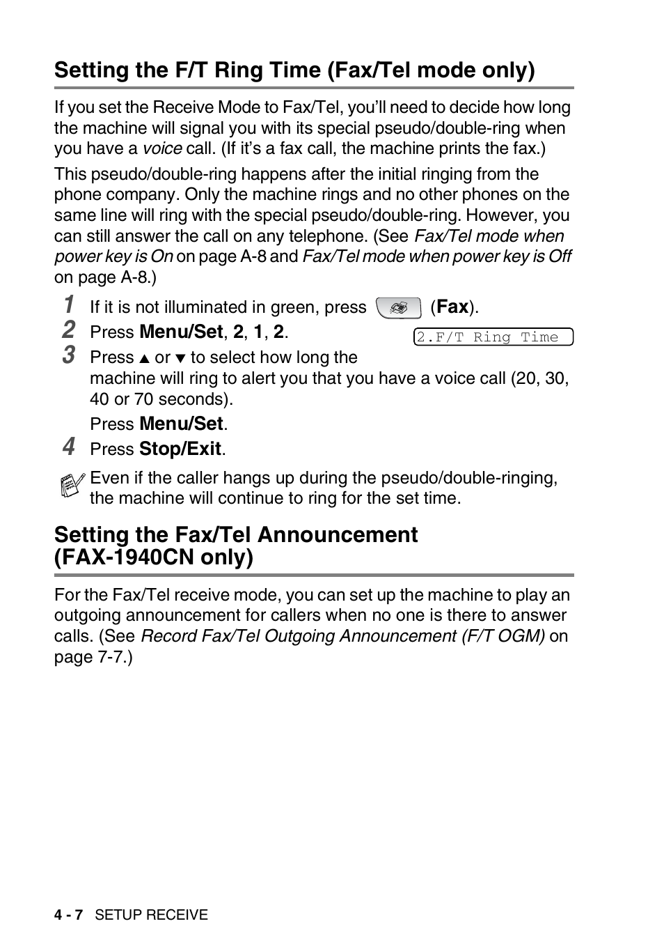 Setting the f/t ring time (fax/tel mode only), Setting the fax/tel announcement (fax-1940cn only), Fax-1940cn only) -7 | Brother FAX-1940CN User Manual | Page 75 / 231