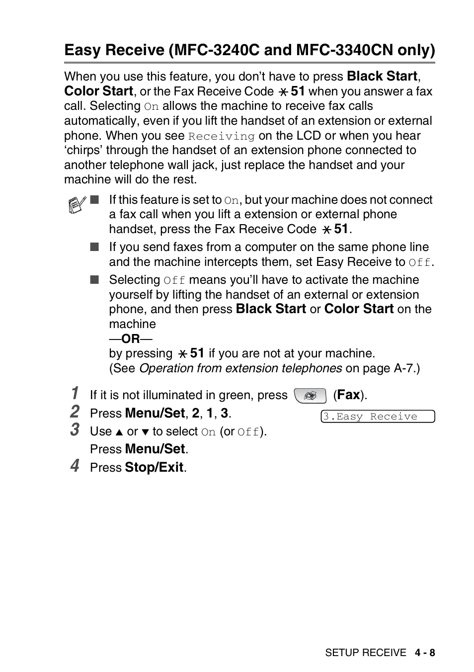 Easy receive (mfc-3240c and mfc-3340cn only), Easy receive (mfc-3240c and mfc-3340cn only) -8 | Brother FAX-1940CN User Manual | Page 76 / 231