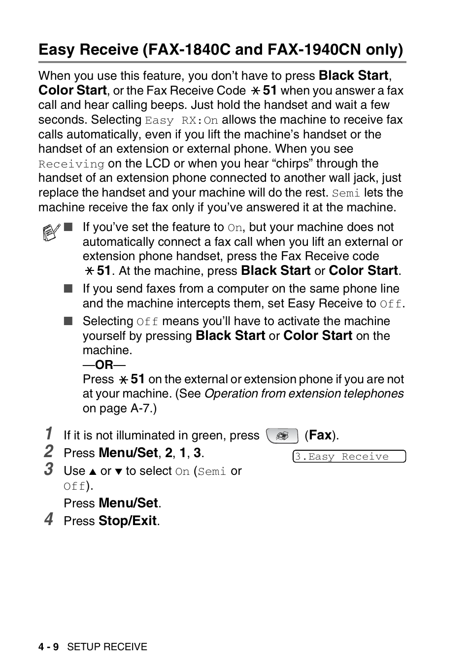 Easy receive (fax-1840c and fax-1940cn only), Easy receive (fax-1840c and fax-1940cn only) -9 | Brother FAX-1940CN User Manual | Page 77 / 231