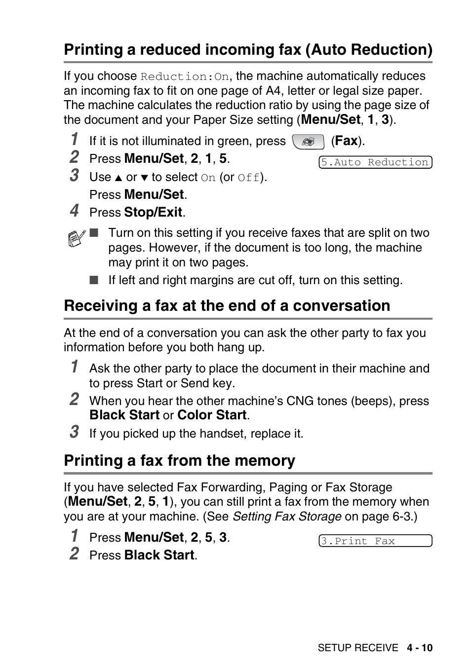 Printing a reduced incoming fax (auto reduction), Receiving a fax at the end of a conversation, Printing a fax from the memory | Brother FAX-1940CN User Manual | Page 78 / 231