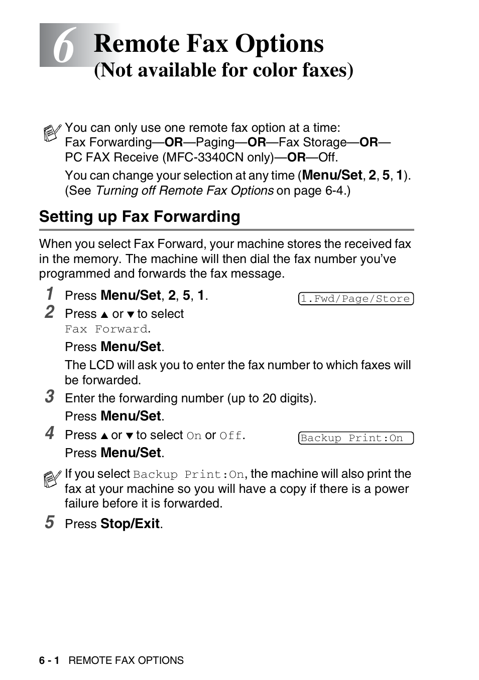 Setting up fax forwarding, Setting up fax forwarding -1, Remote fax options | Not available for color faxes) | Brother FAX-1940CN User Manual | Page 89 / 231