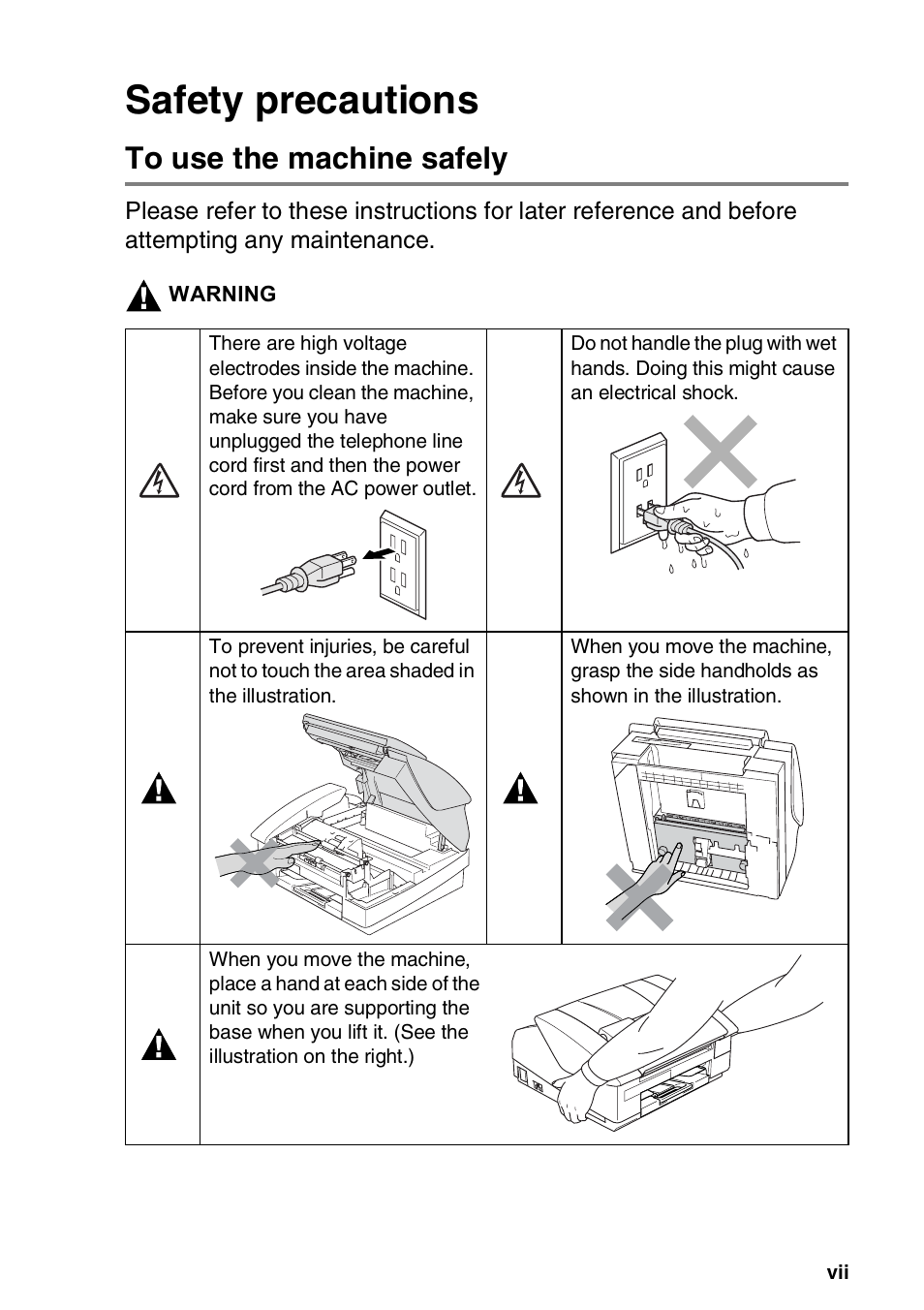 Safety precautions, To use the machine safely | Brother FAX-1940CN User Manual | Page 9 / 231