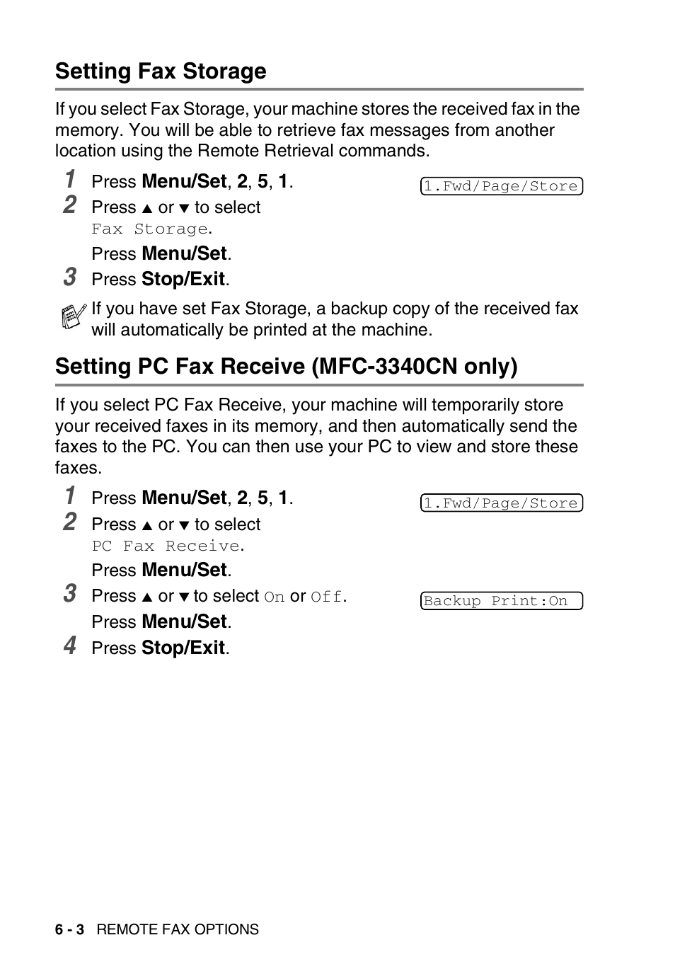 Setting fax storage, Setting pc fax receive (mfc-3340cn only) | Brother FAX-1940CN User Manual | Page 91 / 231