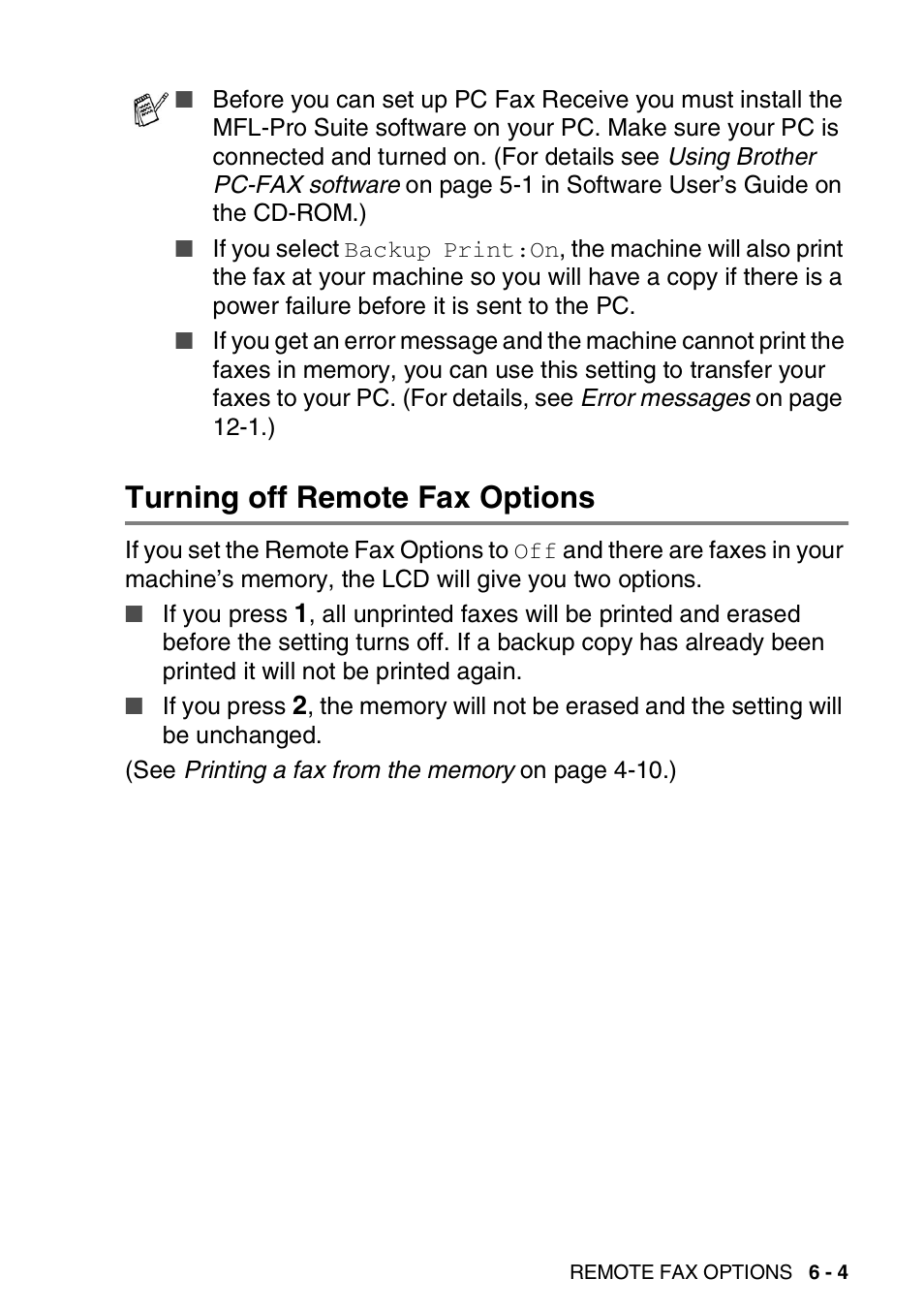 Turning off remote fax options, Turning off remote fax options -4 | Brother FAX-1940CN User Manual | Page 92 / 231