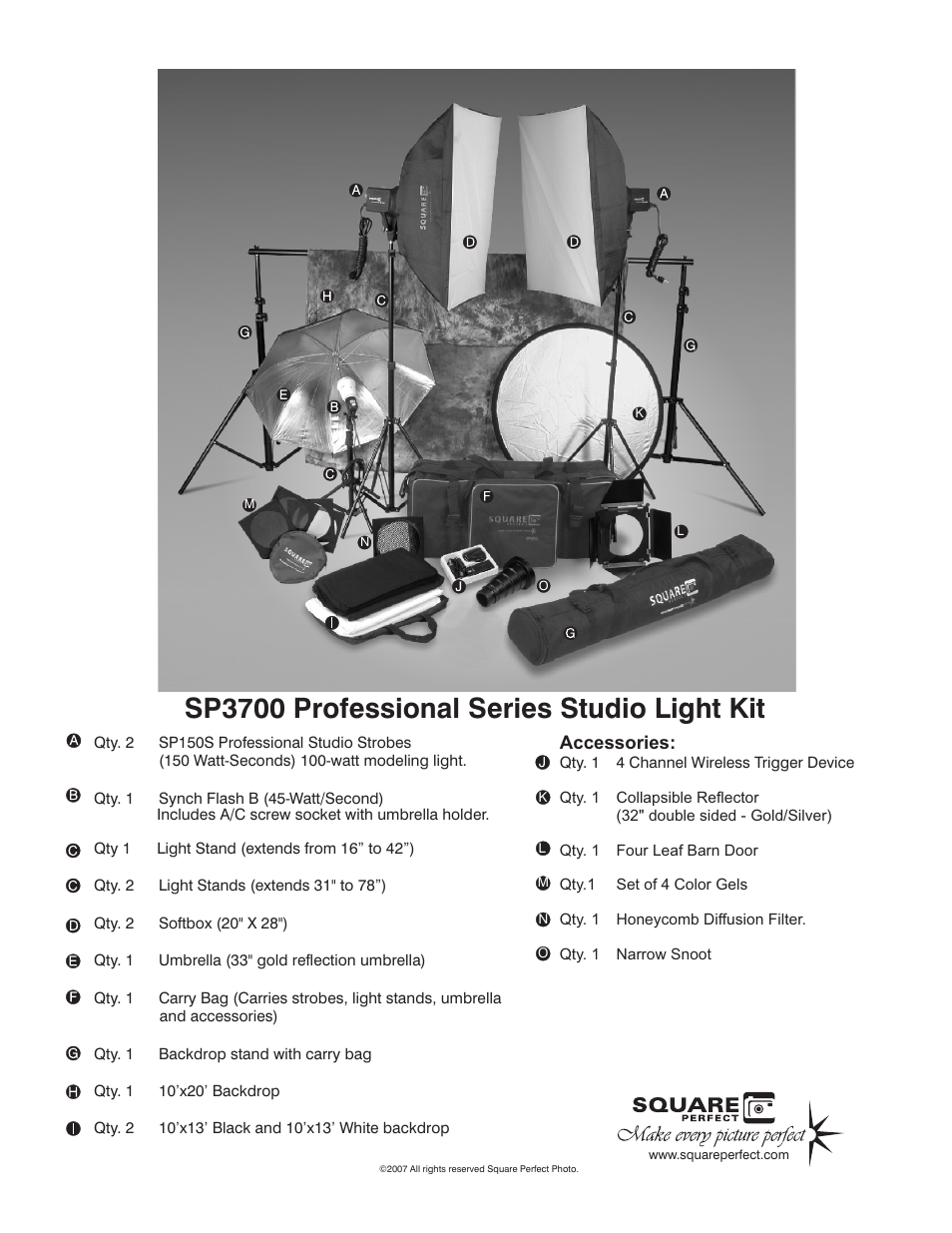 Sp3700 professional series studio light kit | Square Perfect 4005 SP3700 Flash Kit User Manual | Page 2 / 5