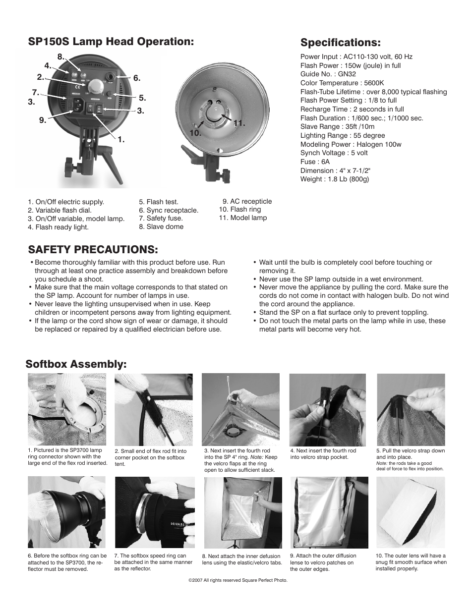 Specifications, Sp150s lamp head operation: safety precautions, Softbox assembly | Square Perfect 4005 SP3700 Flash Kit User Manual | Page 4 / 5
