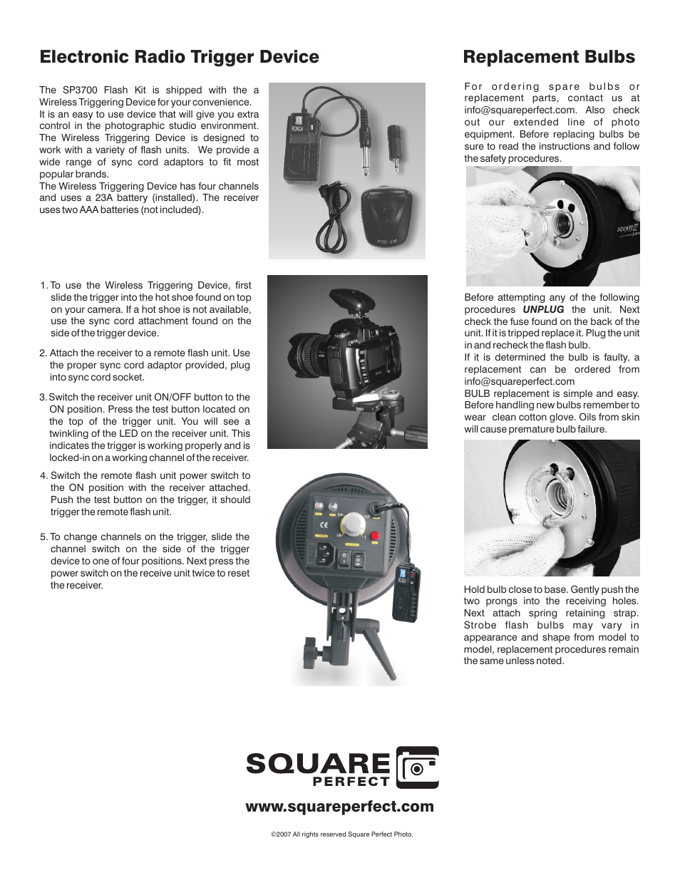 Electronic radio trigger device, Replacement bulbs | Square Perfect 4005 SP3700 Flash Kit User Manual | Page 5 / 5