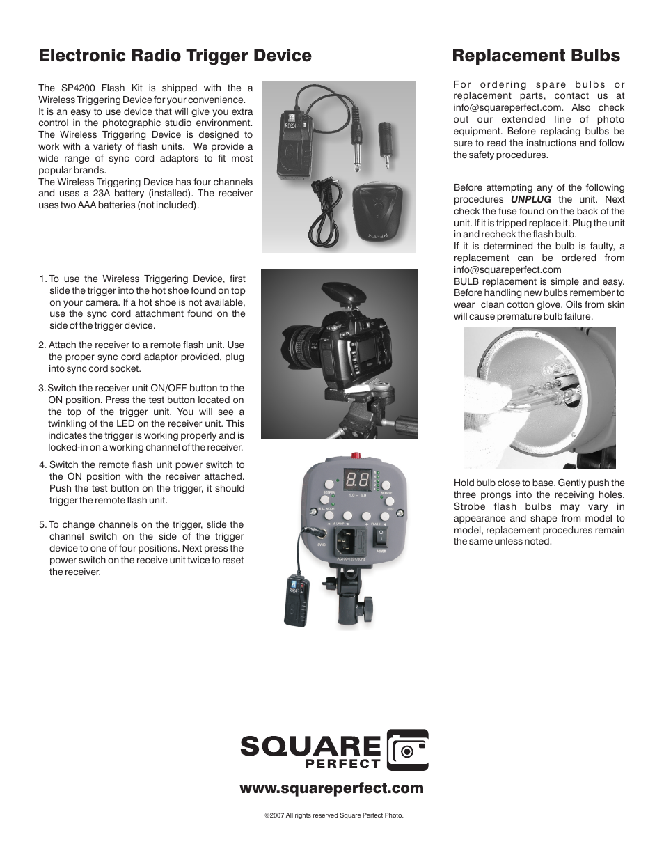 Electronic radio trigger device, Replacement bulbs | Square Perfect 4135 SP4200 Flash Kit User Manual | Page 5 / 5