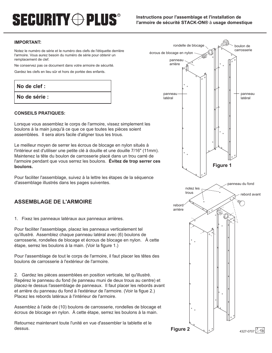 Assemblage de l'armoire, No de clef : no de série | Stack-On GC-8-RTA 4327-0707 User Manual | Page 7 / 18