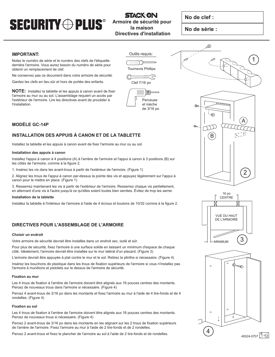 No de clef : no de série | Stack-On GC-14P 40024-0707 User Manual | Page 5 / 12