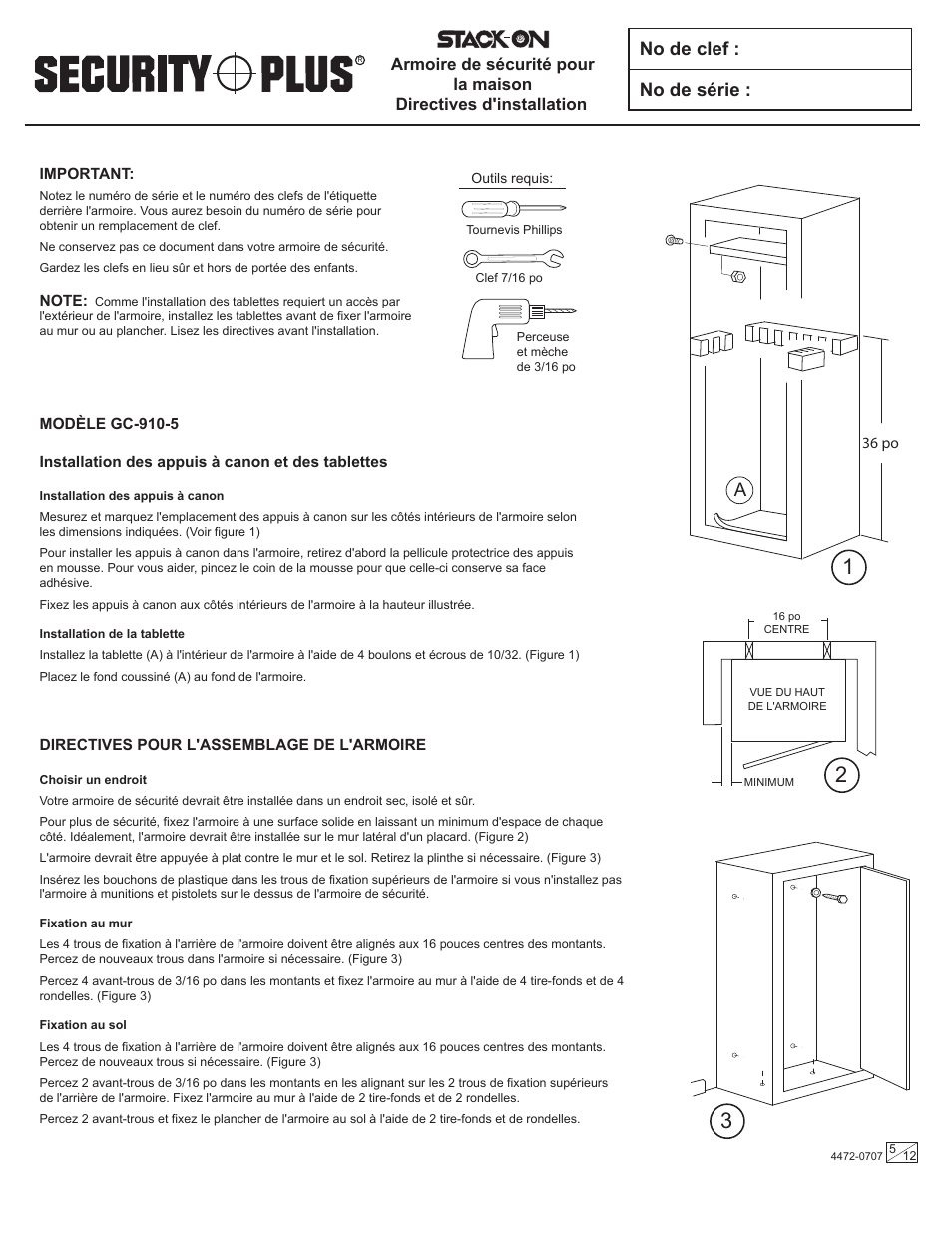 No de clef : no de série | Stack-On GC-500-5 4472-0707 User Manual | Page 5 / 12