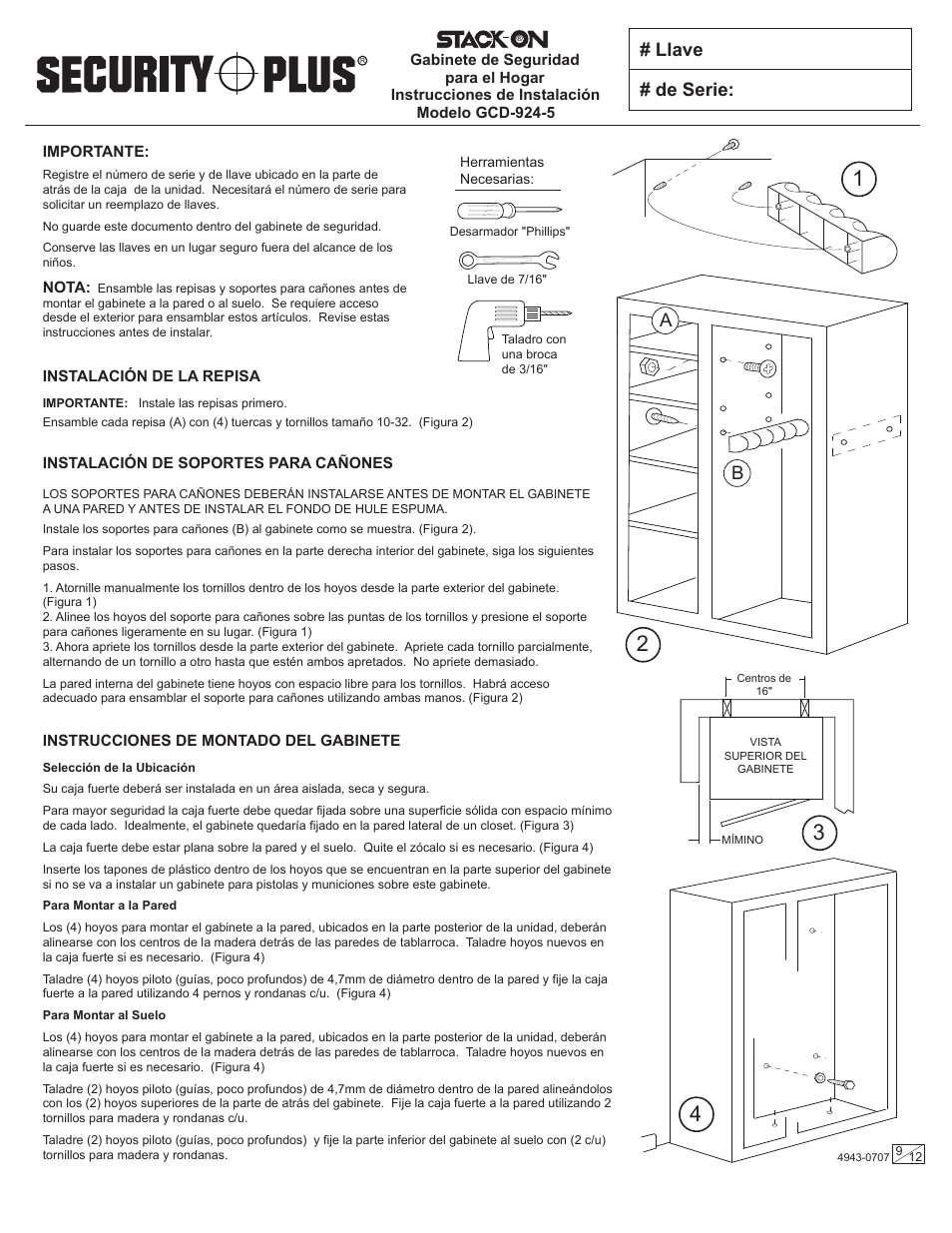 Llave # de serie | Stack-On GCD-924-5 4943-0707 User Manual | Page 9 / 12