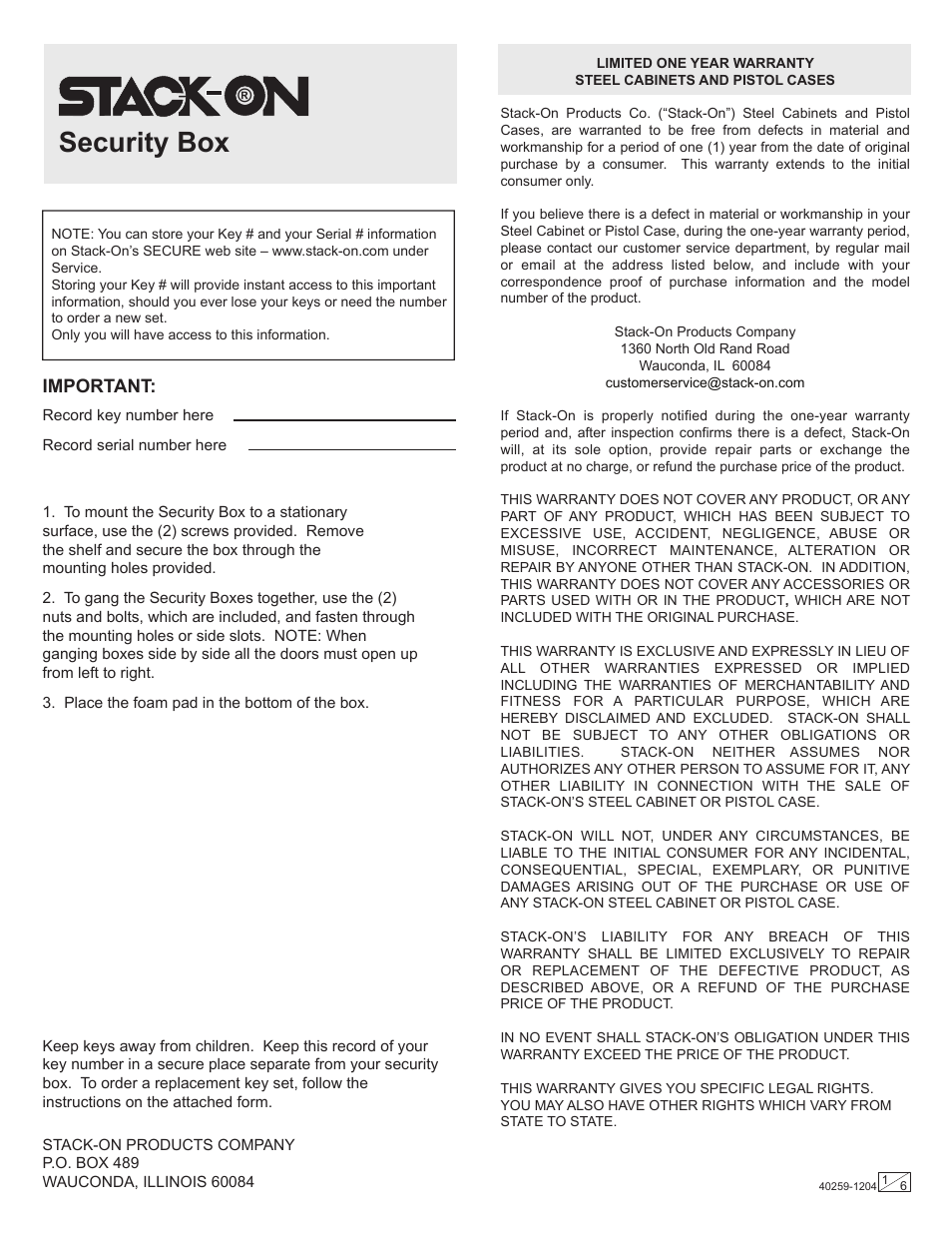 Stack-On PB-1102 User Manual | 6 pages