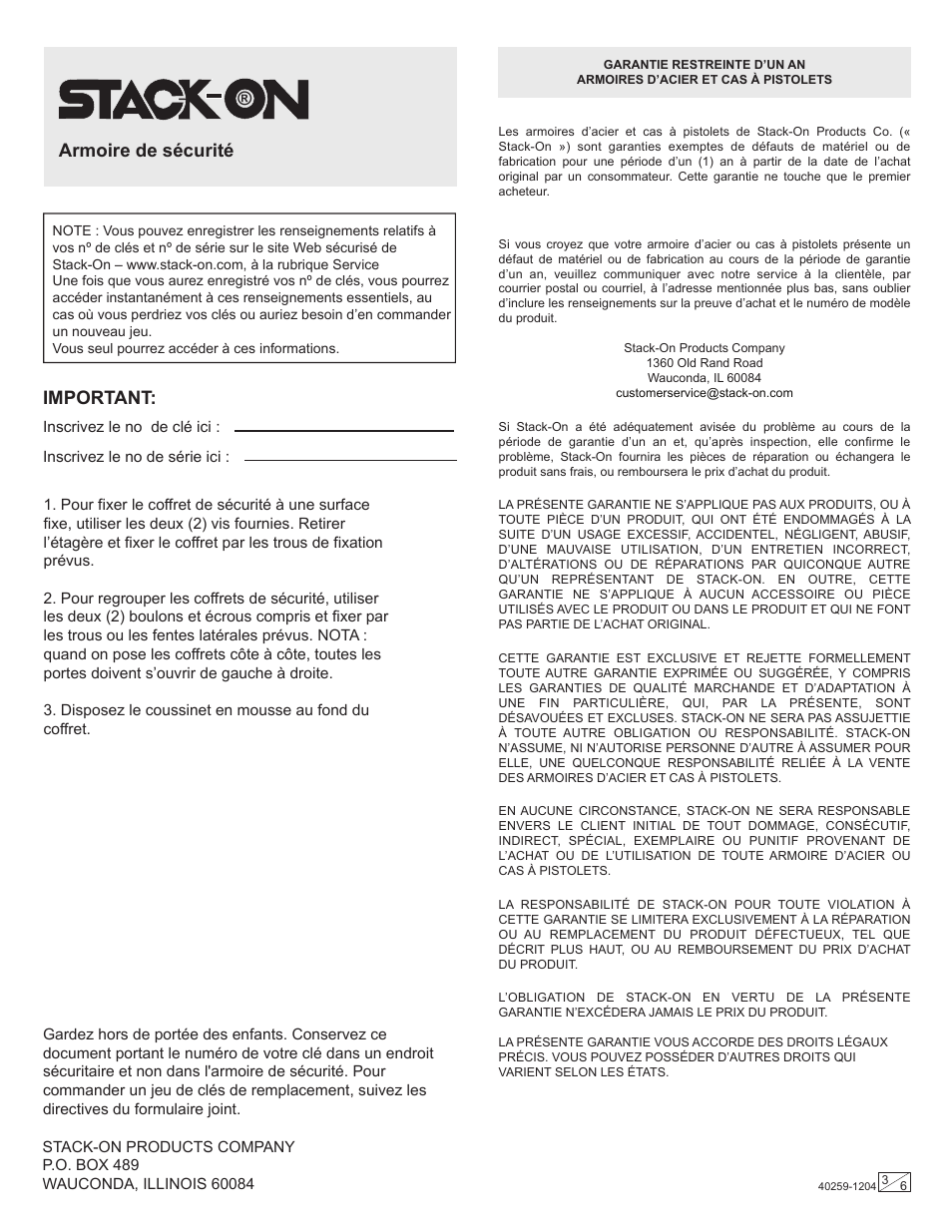 Armoire de sécurité, Important | Stack-On PB-1102 User Manual | Page 3 / 6