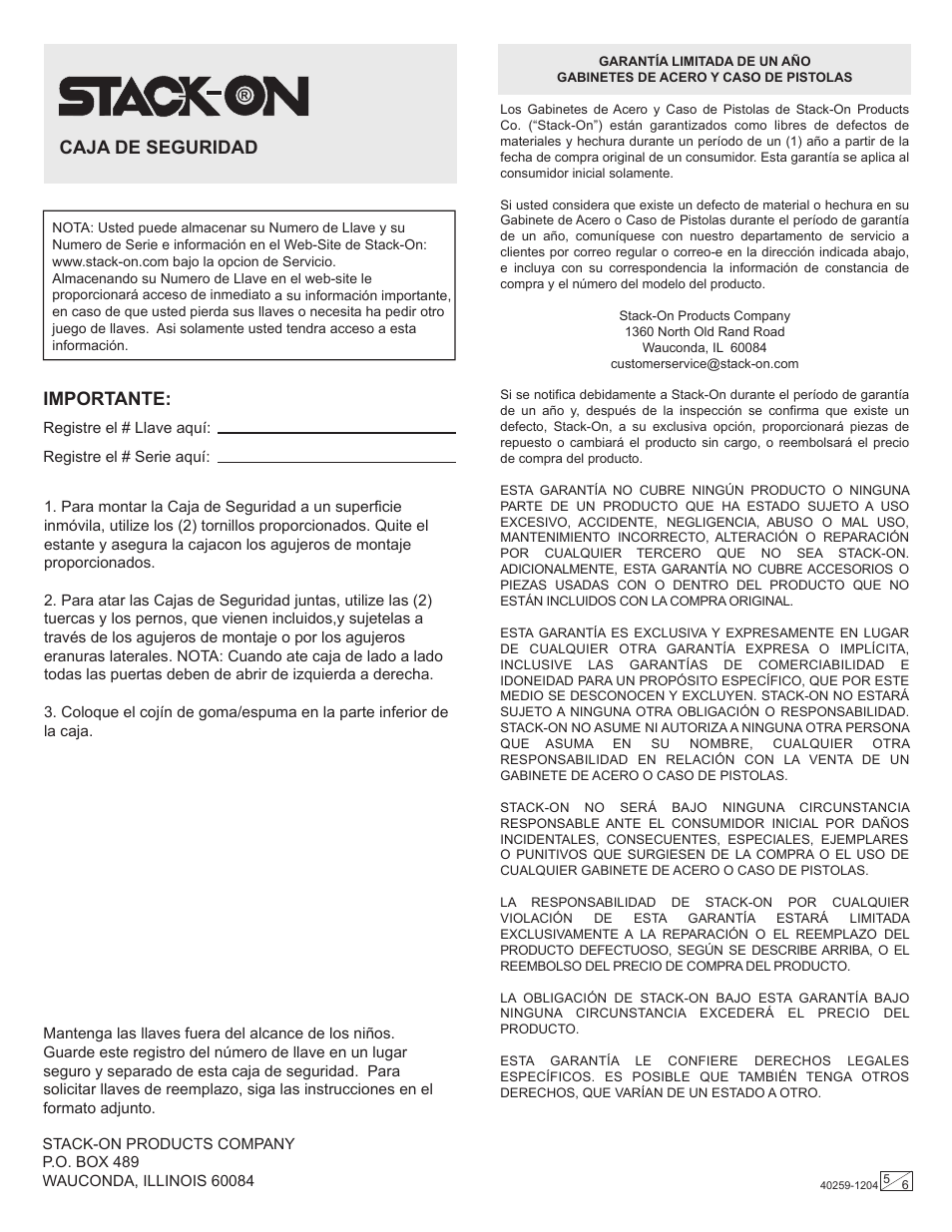 Caja de seguridad, Importante | Stack-On PB-1102 User Manual | Page 5 / 6