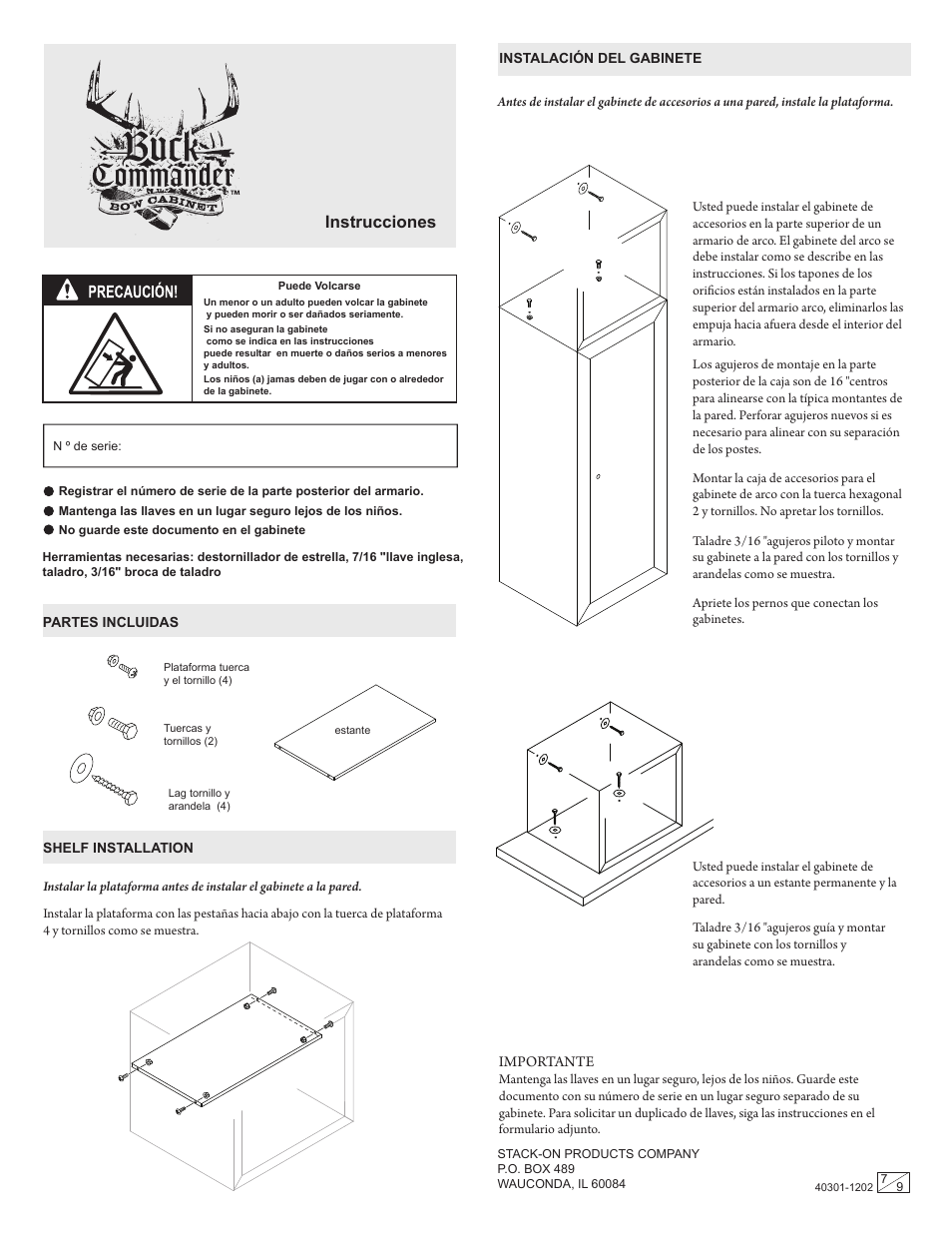 Portable case, Instrucciones | Stack-On AC-018 Accessory Cabinet User Manual | Page 7 / 9