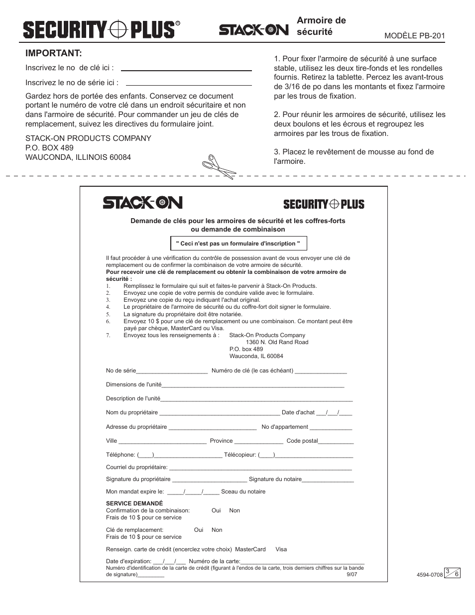 Armoire de sécurité, Important | Stack-On PB-201 4594-0708 User Manual | Page 3 / 6