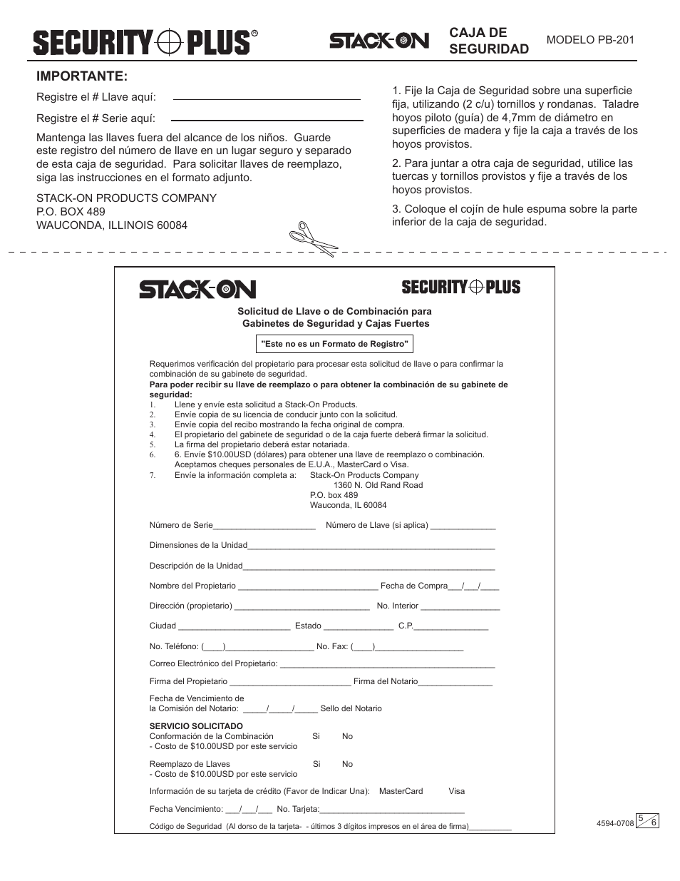 Caja de seguridad, Importante | Stack-On PB-201 4594-0708 User Manual | Page 5 / 6