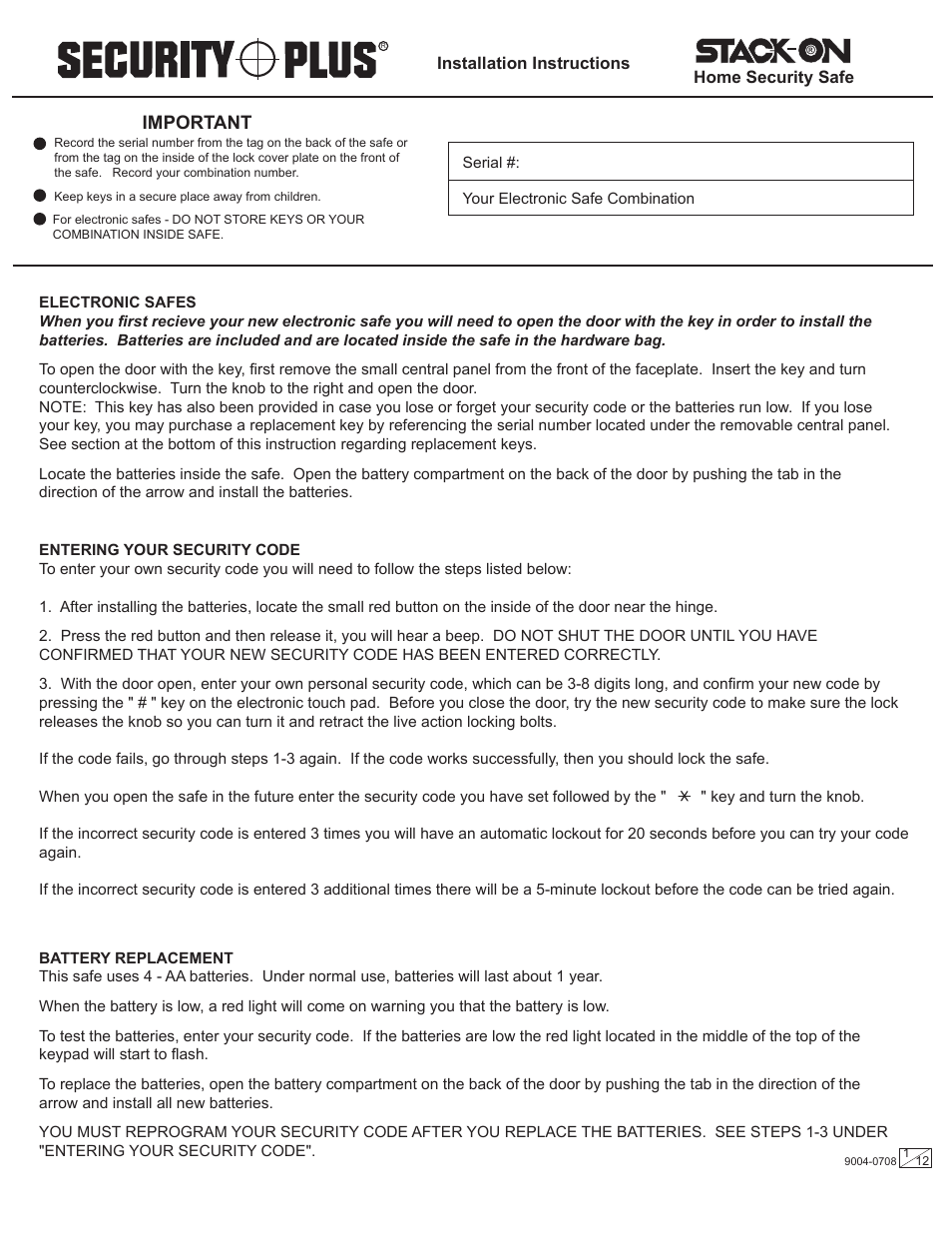 Stack-On PDS-500 9004-0708 User Manual | 12 pages